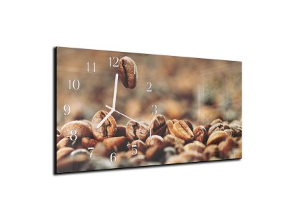 Nástěnné hodiny 30x60cm padající zrna kávy na hnědém podkladu (Materiál kalené sklo)