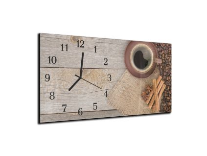 Nástěnné hodiny 30x60cm hrníček, káva, skořice, badyán (Materiál kalené sklo)