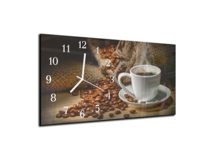 Nástěnné hodiny 30x60cm rozsypaná káva, bílý šálek (Materiál kalené sklo)