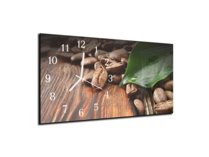 Nástěnné hodiny 30x60cm kávový list a zrna na dřevě (Materiál kalené sklo)