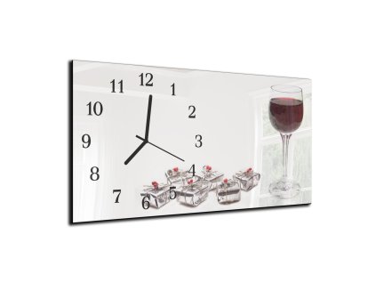 Nástěnné hodiny 30x60cm víno a malý dárek (Materiál kalené sklo)