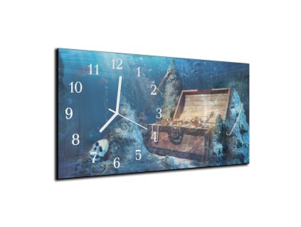 Nástěnné hodiny 30x60cm truhlice s pokladem moře (Materiál kalené sklo)