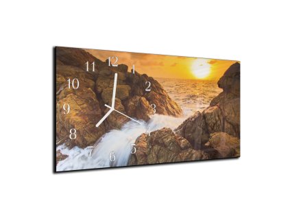 Nástěnné hodiny 30x60cm západ slunce, moře, skály (Materiál kalené sklo)