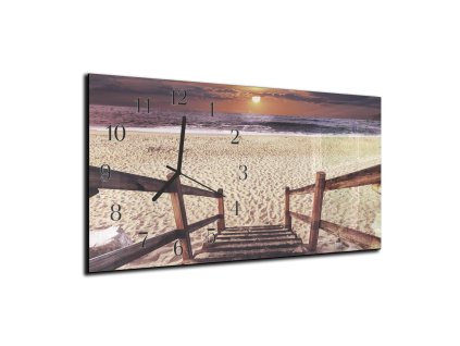 Nástěnné hodiny 30x60cm promenáda na pláži (Materiál kalené sklo)