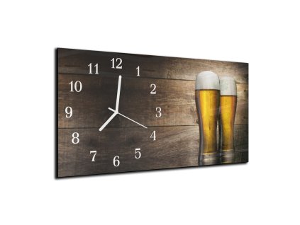 Nástěnné hodiny 30x60cm dvě čepované piva pozadí dřevo (Materiál kalené sklo)