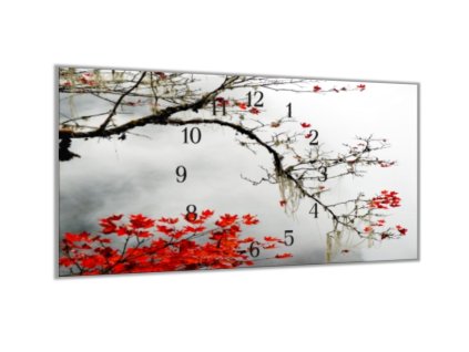 Nástěnné hodiny 30x60cm sychravý podzim, větev, listí (Materiál kalené sklo)