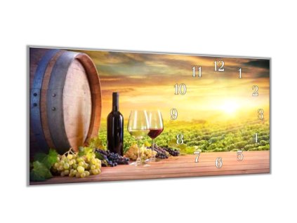 Nástěnné hodiny 30x60cm sud vína a vinná réva (Materiál kalené sklo)