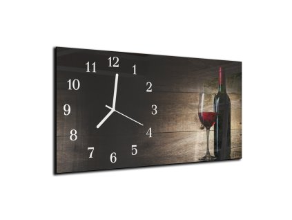 Nástěnné hodiny 30x60cm láhev a sklenice červené víno u dřeva (Materiál kalené sklo)