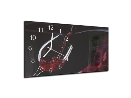 Nástěnné hodiny 30x60cm sklenice červeného vína na tmavém (Materiál kalené sklo)