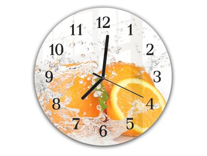 Nástěnné hodiny kulaté pr.30cm čerstvé ovoce pomeranč ve vodě (Materiál kalené sklo)