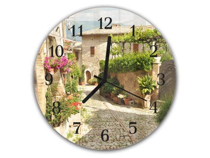 Nástěnné hodiny kulaté pr.30cm květinová ulička v Italském městě (Materiál kalené sklo)