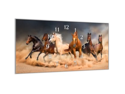 Nástěnné hodiny 30x60cm stádo koní v prachu (Materiál kalené sklo)