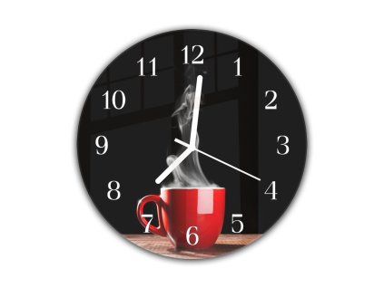 Nástěnné hodiny kulaté pr.30cm červený šálek (Materiál kalené sklo)