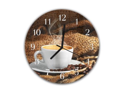 Nástěnné hodiny pr.30cm bílý šálek s kávou (Materiál kalené sklo)