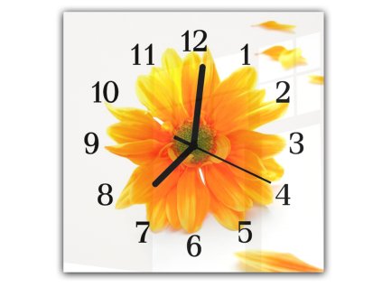 Nástěnné hodiny 30x30cm květ oranžové chryzantémy a okvětní lístky (Materiál kalené sklo)