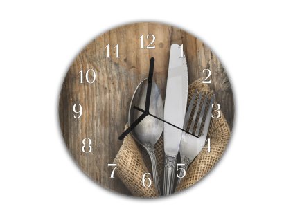 Nástěnné hodiny pr.30cm příbor na dřevě (Materiál kalené sklo)