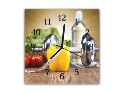 Nástěnné hodiny 30x30cm fitness (Materiál kalené sklo)