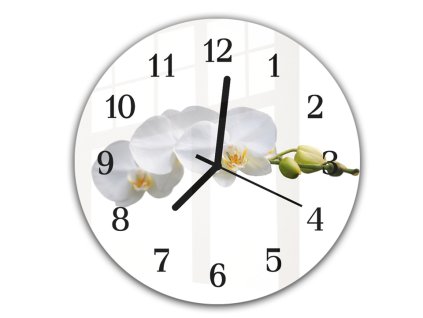 Nástěnné hodiny kulaté pr.30cm bílé květy orchideje na stonku (Materiál kalené sklo)