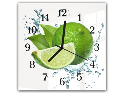 Nástěnné hodiny 30x30cm zelená limetka čerstvé ovoce ve vodě (Materiál kalené sklo)