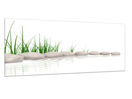 Obraz skleněný tráva a kámen na okraji vody (Rozměry-obdélník 90 x 120 cm)