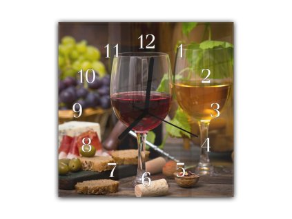 Nástěnné hodiny 30x30cm dvě sklenice vína (Materiál kalené sklo)