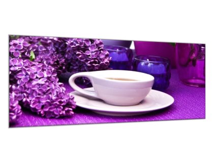 Obraz skleněný šeřík a hrnek s čajem (Rozměry-obdélník 90 x 120 cm)