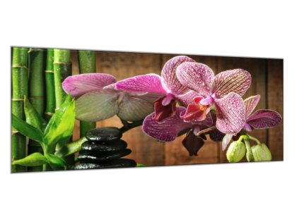 Obraz skleněný květ růžová orchidej bambus a zen kámen (Rozměry-obdélník 90 x 120 cm)