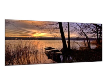 Obraz skleněný jezero s loďkou v západu slunce (Rozměry-obdélník 90 x 120 cm)