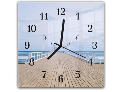 Nástěnné hodiny 30x30cm dlouhé dřevěné molo k moři (Materiál kalené sklo)