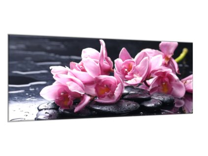Obraz skleněný fialové květy orchideje na oblázcích kamenech (Rozměry-obdélník 90 x 120 cm)