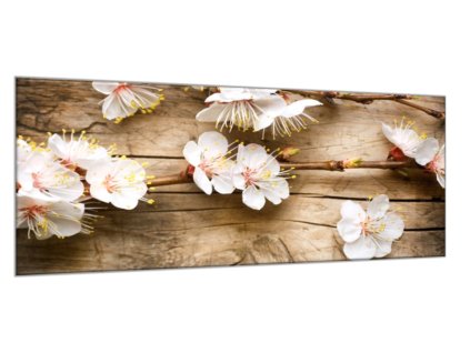 Obraz skleněný jarní větve s květy na dřevě (Rozměry-obdélník 90 x 120 cm)