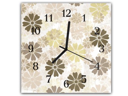 Nástěnné hodiny 30x30cm hnědé malované retro květy (Materiál kalené sklo)