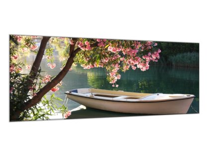 Obraz skleněný loďka na řece pod stromem (Rozměry-obdélník 90 x 120 cm)