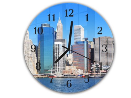 Nástěnné hodiny pr.30cm přístav a mrakodrapy město New York (Materiál kalené sklo)