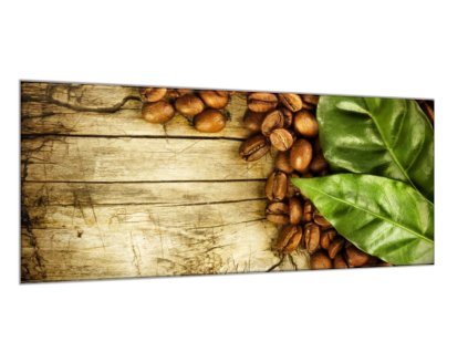 Obraz skleněný kávové zrna a list na dřevě (Rozměry-obdélník 90 x 120 cm)