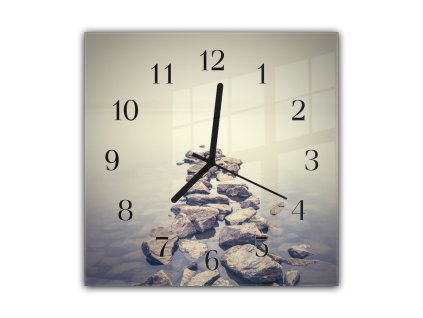 Nástěnné hodiny 30x30cm kameny v řece (Materiál kalené sklo)