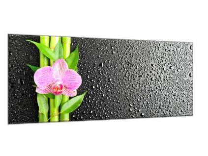 Obraz skleněný květ růžová orchidej a bambus na černém pozadí (Rozměry-obdélník 90 x 120 cm)