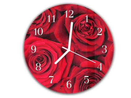 Nástěnné hodiny kulaté pr.30cm detail květ červená růží (Materiál kalené sklo)