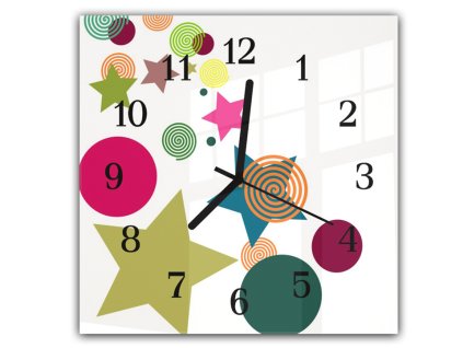 Nástěnné hodiny 30x30cm barevné tvary na bílém pozadí (Materiál kalené sklo)