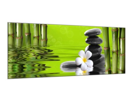 Obraz skleněný zelený bambus, květ, kameny ve vodě (Rozměry-obdélník 90 x 120 cm)
