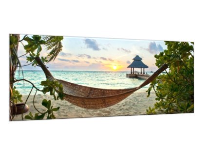 Obraz skleněný západ slunce a houpací síť (Rozměry-obdélník 90 x 120 cm)