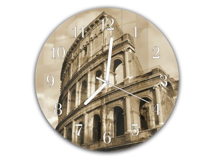 Nástěnné hodiny kulaté pr.30cm Řím a koloseum (Materiál kalené sklo)