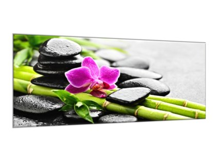 Obraz skleněný růžová orchidej, bambus, kameny (Rozměry-obdélník 90 x 120 cm)