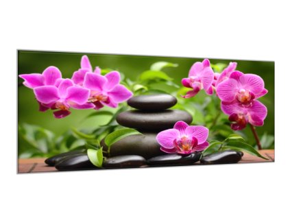 Obraz skleněný květy fialových orchideji, listy a oblázky (Rozměry-obdélník 90 x 120 cm)