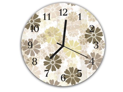 Nástěnné hodiny kulaté pr.30cm malované hnědo béžové retro květy (Materiál kalené sklo)