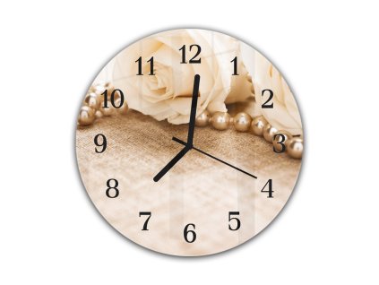 Nástěnné hodiny pr.30cm květy růží a perly (Materiál kalené sklo)