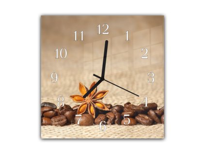 Nástěnné hodiny 30x30cm zrna kávy, badyán na tkanině (Materiál kalené sklo)