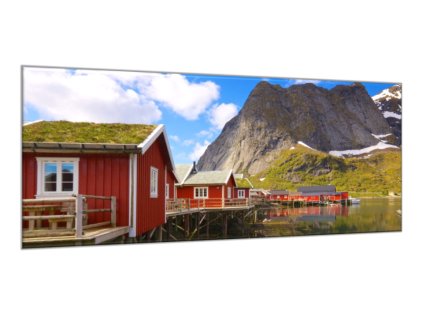 Obraz skleněný červené chaty nad jezerem (Rozměry-obdélník 90 x 120 cm)