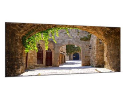 Skleněný obraz ulice ve městě Rhodos Řecko (Rozměry-obdélník 90 x 120 cm)