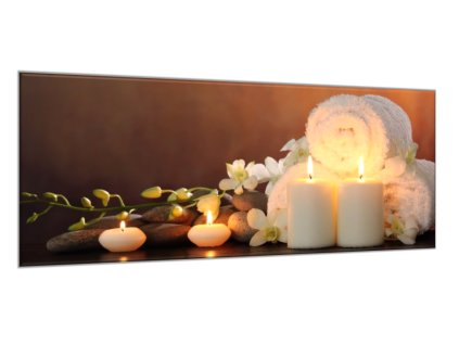 Obraz skleněný spa bílé svíce, květy a ručník (Rozměry-obdélník 90 x 120 cm)